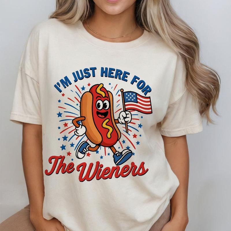 4th of July Just Here For The Wieners Shirt, Retro America Girly Patriotic Weenies Top, Funny Hot Dog Tee, Independence Day TShirt for Women, Red White and Blue Top
