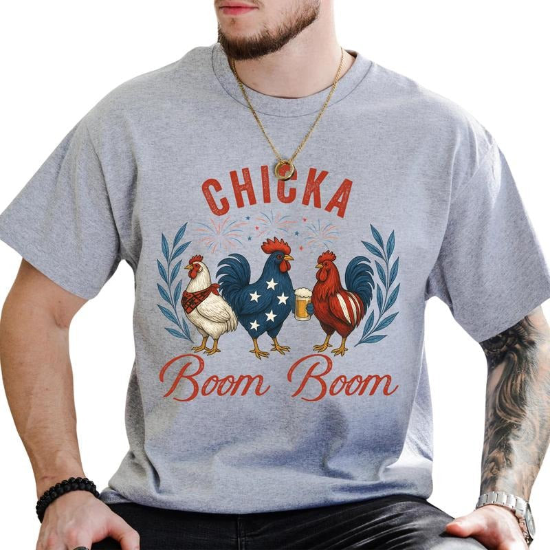 MAPTEES Chicka Boom Boom Graphic Tee, Patriotic Rooster T-shirt For Men, Retro Chicken 4th Of July Shirt, Independence Day Men Tee