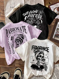Women's Skull & Floral Print Round Neck Crop Tee, Fashion Casual Drop Shoulder Short Sleeve T-shirt, Ladies Summer Clothes for Daily Wear